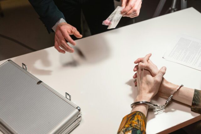 person in handcuffs and other person holding drugs